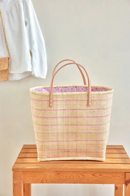Rice Raffiaveske rosa ruter